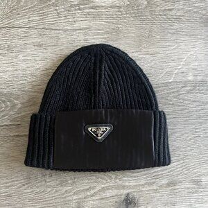 PRADA Black Re-Nylon Wool Beanie Men’s Triangle Logo - Multiple Sizes